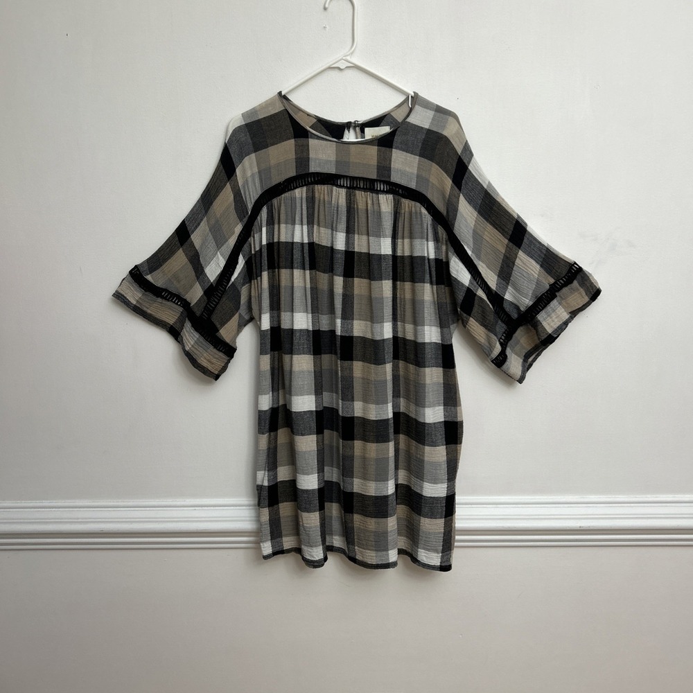 Maeve Anthropologie Plaid Kimono Mini Dress Sz M Neutral Check Print Gauzy